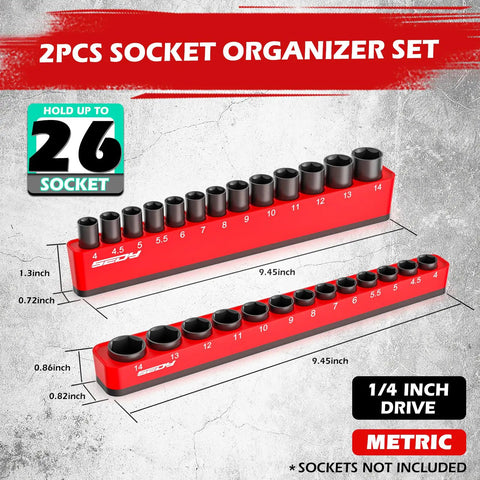 Top Notch Quarter Inch Metric Magnetic Socket Organizer Set Holds 26 Sockets With Boss Level Detachable Tray And Five Millimeter Industrial Magnet Base Sweet Upgrade For Garage Or Home Workshop Rack