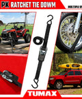 Heavy Duty 8 Pack Ratchet Tie Down Straps 1 Inch by 10 Feet securing ATV and kayak with zinc plated hardware and webbing.
