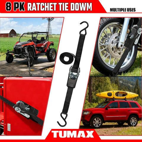 Heavy Duty 8 Pack Ratchet Tie Down Straps 1 Inch by 10 Feet securing ATV and kayak with zinc plated hardware and webbing.