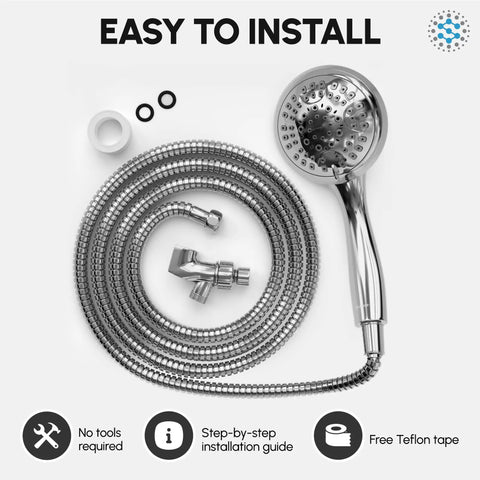 Six Spray Settings Hand Held Shower Head With Four Point Five Inch Head And Extra Long Stainless Steel Hose shown with installation kit