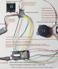 Image showing assembled Pro Grade Flight Ready High Torque Brushless Outrunner Hollow Shaft Motor Kit With AS5600 Magnetic Encoder And SimpleFOCmini Driver Board For Gimbals And Drones Ultra Silent Preinstalled Magnet Ring For Smooth Precision Motion And Easy Integration, connected with wires and power supply on a white background.