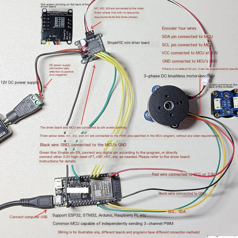 2804 Hollow Shaft Outrunner Dope Brushless DC Motor With AS5600 Encoder Kit wiring setup for gimbals and drones.