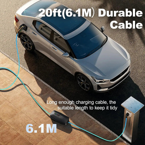 Level 1 And Level 2 Portable Ev Charger, 20 Foot Cable, 3.5 Kw 16 Amp Home Electric Vehicle Charging Station, Nema 5-15 And Nema 6-20 Plugs, SAE J1772 Compatible charging a vehicle.