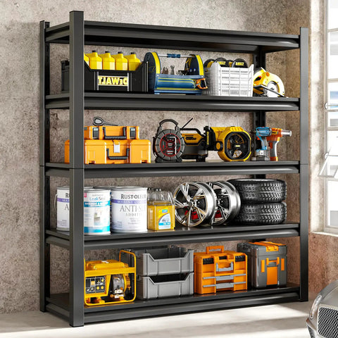Beefy 5 Tier Garage Shelving Unit With 3000Lbs Capacity Adjustable Metal Storage Racks 48 Inches Wide 24 Deep 72 High For Industrial Warehouse Basement Organization, black steel loaded with tools and tires