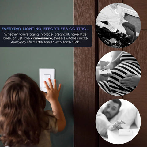 Child using Battery-Free DIY Wireless Light Switch Kit With 150Ft RF Range Self-Powered By Kinetic Energy Remote Controls