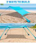 Pop Up Beach Tent Sun Shelter Grande 10x10ft Canopy with 4 Stability Poles in two setup modes on sandy beach