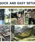Quick setup steps for Camping Hammock With Mosquito Net And Ridge Rope For Two, Extra Large 114x55 Inch with tree straps.
