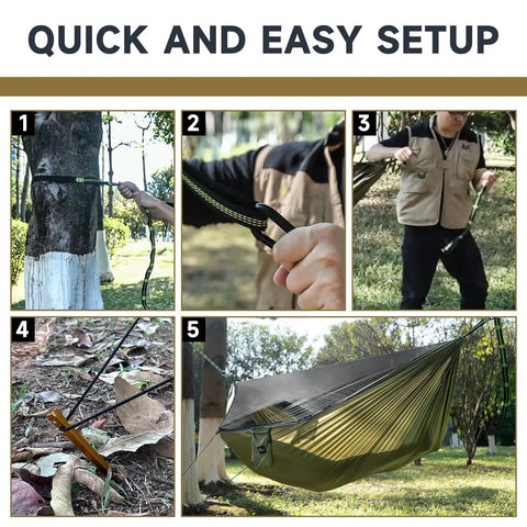 Quick setup steps for Camping Hammock With Mosquito Net And Ridge Rope For Two, Extra Large 114x55 Inch with tree straps.