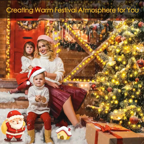 Family with children by a Christmas tree using Outdoor 1000 LED Christmas Lights 405 Ft Waterproof String With Remote And Timer 8 Modes Plug In Warm White for Xmas bedroom yard garden party decorations.