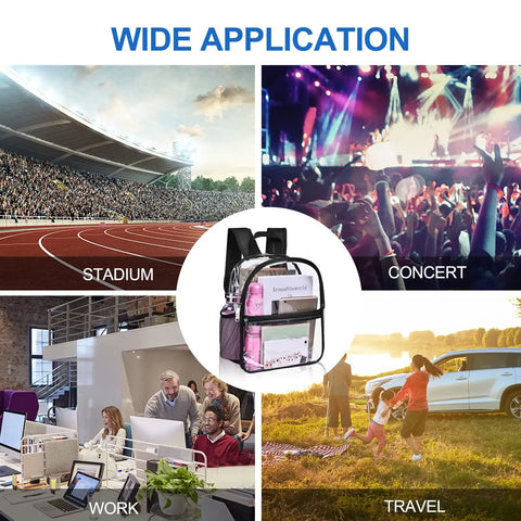 Stadium Approved Clear Backpack 12x6x12 Inch Waterproof See Through Bag For Concerts And Sports Events displayed with usage scenarios