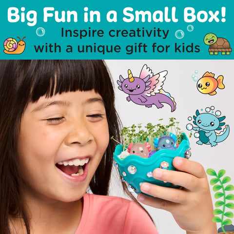 Child holding Mini Axolotl Terrarium STEM Kit for Kids A Hands On Garden Experience With Egg Shaped Tank Plant Chia Seeds And Cute Axolotl Toys