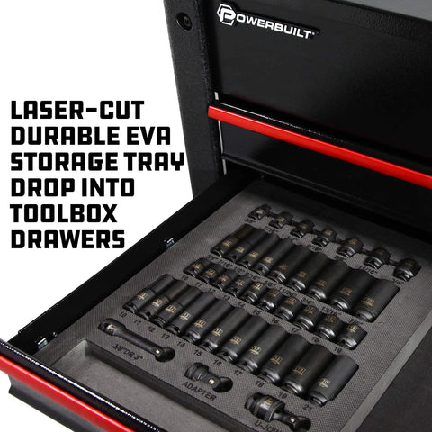 Beefy Forty Piece Impact Socket Set With Three Eighth Inch Drive Six Point Z Drive Sockets In SAE And Metric Tool Organizer Tray Pro Tech Series Black Model 949011 in a toolbox drawer