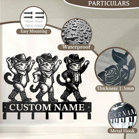 Personalized Western Cowboy Key Holder With Custom Name Engraving Metal Iron Wall Hook featuring cowboy cats and customized nameplate