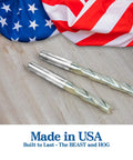 Beast And Hog Roughing Router Bit Combo Set With Quarter Inch Shank on wooden surface with USA flag background.