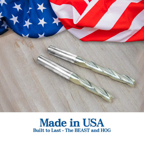 Beast And Hog Roughing Router Bit Combo Set With Quarter Inch Shank on wooden surface with USA flag background.