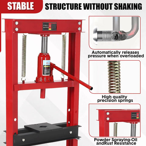 Rock Solid 12 Ton Hydraulic Shop Press Heavy Duty H Frame Benchtop With Swivel Base And Black Powder Coat showing pressure release feature.