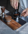 54mm Espresso Tamping Mat And Pro Grade Desk Ready Tool Organizer For Breville Espresso Machines Walnut Wood And Leather Tamp Station in use