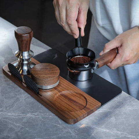 54mm Espresso Tamping Mat And Pro Grade Desk Ready Tool Organizer For Breville Espresso Machines Walnut Wood And Leather Tamp Station in use