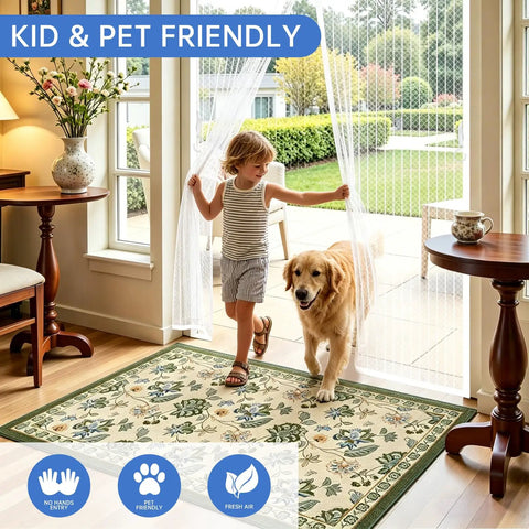 Child and dog walking through Magnetic Screen Door For 32x80 Inch Openings, 34x82 Inch Heavy Duty Mesh With Magnets For Sliding Glass Doors