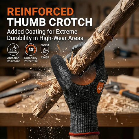 Two Pairs A9 Cut Resistant Work Gloves For Men With Touchscreen Capability Reinforced Thumb And Premium HPPE Steel Fiber Blend ANSI Level 9 Protection Against Metal Glass Wood Construction And Fishing XL gripping wooden log