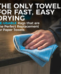 Hand using a blue microfiber towel to clean a wooden surface, text about reusable towels for fast drying visible.