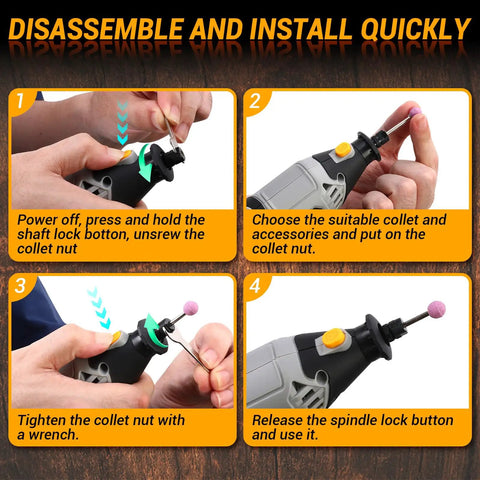 Beast Mode 1.5 Amp Rotary Tool Kit With 42 Inch Flex Shaft, Six Variable Speeds From 8,000 To 35,000 RPM, 129-Piece Accessories Set For Cutting, Sanding, Grinding, Carving, Polishing And DIY Projects showing collet setup steps