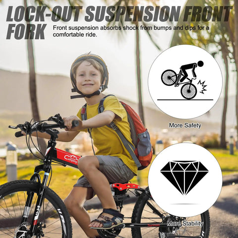 Child smiling on a bike with "Lock-Out Suspension Front Fork" text, highlighting safety and stability features.