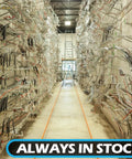 Warehouse aisle with racks of metal auto parts and hoses labeled 'Always in Stock'