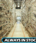 Warehouse aisle stocked with various automotive parts, emphasizing availability with 'Always in Stock' text at the bottom.