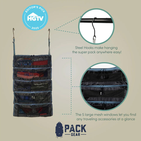 Large Hanging Luggage Organizer For Travel Fits Any Suitcase With See Through Mesh Windows Packing Cubes For Quick Access To Clothes Grab And Go Travel Closet Organizer Black shown with steel hooks and mesh windows.