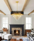 Gold 3-Light Crystal Chandelier Pendant Light For High Ceilings in elegant living room with modern decor