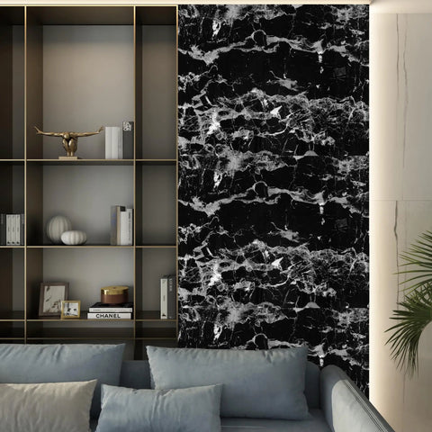 Living room with extra wide black white marble contact paper 31.5x197 inches peel and stick self adhesive vinyl wallpaper.