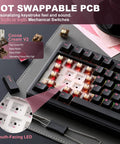 Pro Level 75 Percent Wireless Mechanical Keyboard Featuring Gasket Mount Design Multimedia Control Knob Hot Swap Slots Snappy Switch Responses Late Night Grind Setup showing hot swappable PCB and Cocoa Cream V2 switches.