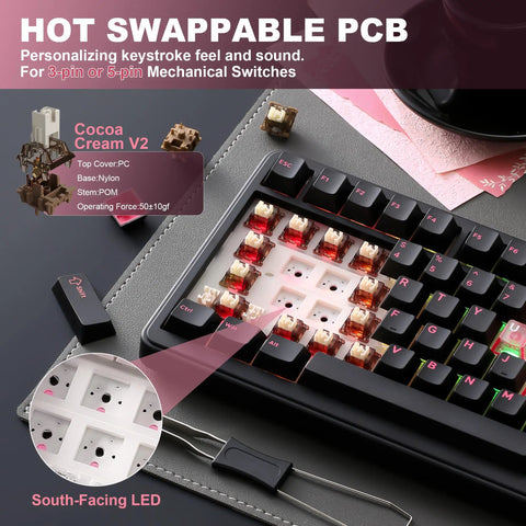 Pro Level 75 Percent Wireless Mechanical Keyboard Featuring Gasket Mount Design Multimedia Control Knob Hot Swap Slots Snappy Switch Responses Late Night Grind Setup showing hot swappable PCB and Cocoa Cream V2 switches.
