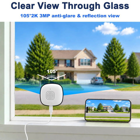 No Drills Necessary Two Pack 2K Window Security Cameras Indoor Home Surveillance For Round The Clock Ai Person Detection And Vivid Color Night Vision With Dual Band Wifi Recording And Solid Guard showing 105° view through glass with smartphone display.