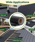Heavy Duty Peel And Stick EPDM Rubber Roofing Roll Ultra Thick Waterproof Membrane for RVs Sheds and Garages, shown on various surfaces.