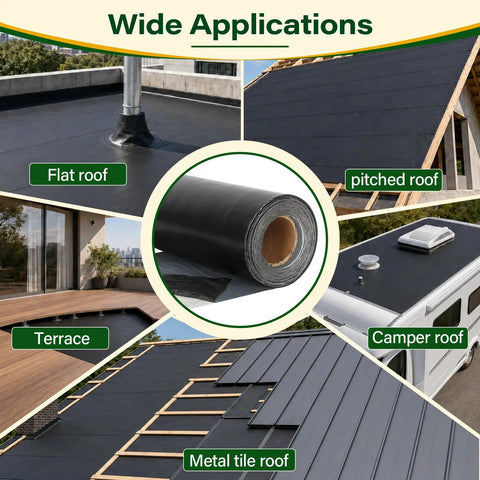 Heavy Duty Peel And Stick EPDM Rubber Roofing Roll Ultra Thick Waterproof Membrane for RVs Sheds and Garages, shown on various surfaces.