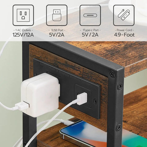 Slim Side Table With Charging Station And USB Ports For Small Spaces, Narrow End Table With Storage Shelf showing outlets