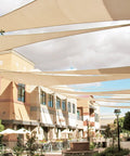 Right Triangle Sun Shade Sail 8 Ft By 8 Ft By 11 Ft Beige UV Block Canopy for outdoor patio, visible overhead installation.