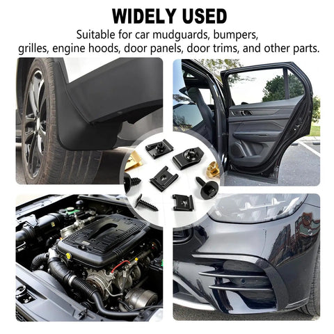 60 Piece Universal Heavy Duty U Nut Clips And Body Bolt Screw Fastener Assortment Kit Ten Size Mix For Auto Car Fender Liner Bumper And Shield No Stress Wrench Fix, showcasing various uses on vehicles.