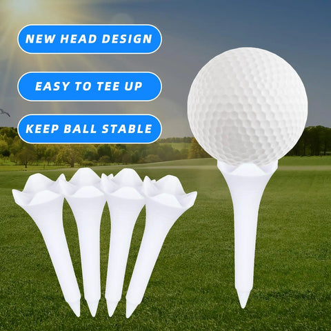 30 Pack 1.5 Inch Short Plastic Golf Tees With Four Prongs For Less Friction And Side Spin on a grassy field