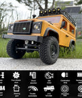 One Twelfth RC Crawler MN98 Remote Control Truck Off Road Four By Four Land Rover Defender Style on grass with icons