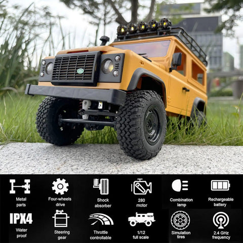 One Twelfth RC Crawler MN98 Remote Control Truck Off Road Four By Four Land Rover Defender Style on grass with icons