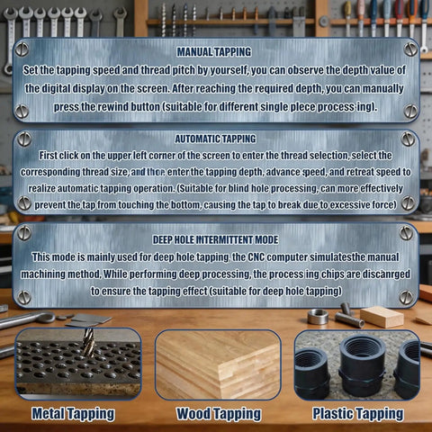 1000 Watt Electric Tapping Machine With Flexible Arm And Touchscreen Cnc Control showing manual, automatic, and deep hole tapping options.