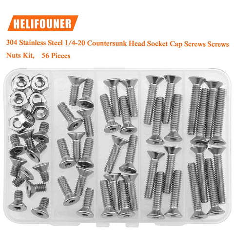 56-Piece 1/4-20 Countersunk Socket Head Cap Screws and Hex Nuts Kit, 304 Stainless Steel, assortment displayed in clear container.