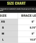 Size chart for Left Small Air-Stirrup Ankle Brace With Semi-Rigid Shells And Duplex Aircell Tech showing XS to L brace lengths.