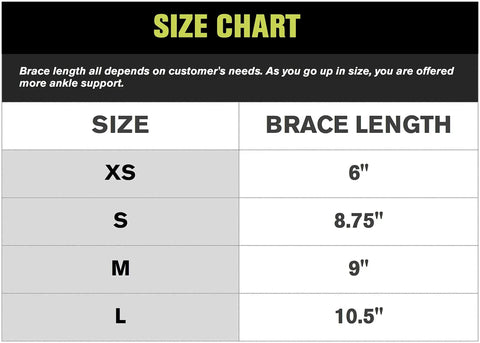Size chart for Left Small Air-Stirrup Ankle Brace With Semi-Rigid Shells And Duplex Aircell Tech showing XS to L brace lengths.