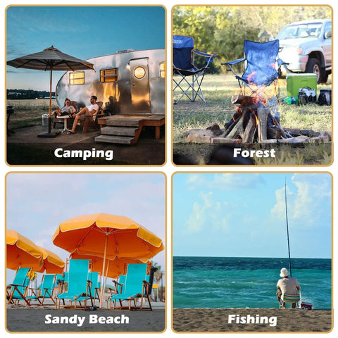 Double Folding Camping Chair With Umbrella And Fold Up Table Beverage Holder Cooler Bag Go To Outdoor Chairs For Patio Pool Park Beach And Picnics Grey with four outdoor settings: camping, forest, sandy beach, and fishing.