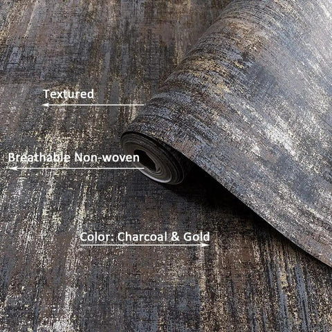 Metallic Textured Wallpaper in Black and Gold Industrial Distressed Vibe, showing roll detail in 20.8 in by 786 in size