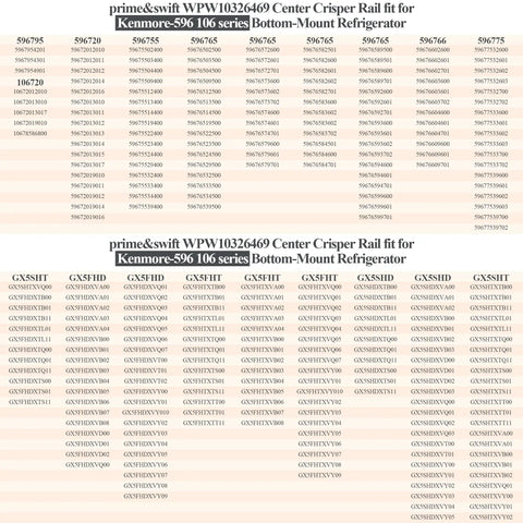 Heavy Duty Center Drawer Slide Rail For Refrigerator Crisper Bin compatibility chart for Kenmore 596 series bottom-mount models.